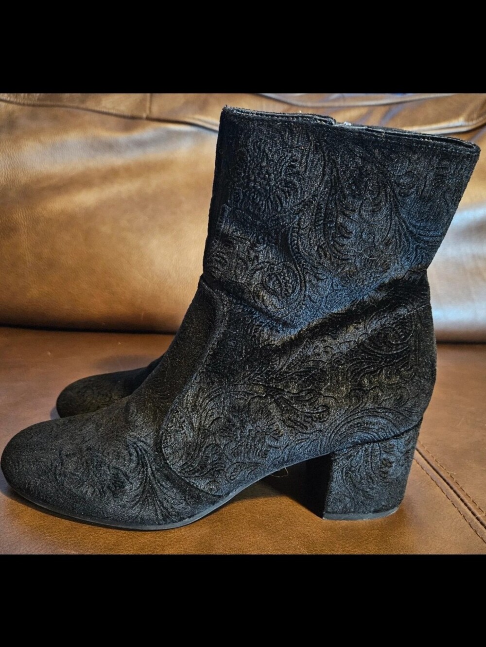 Unisa Black Embossed Velvet Ankle Boots with Block Heel